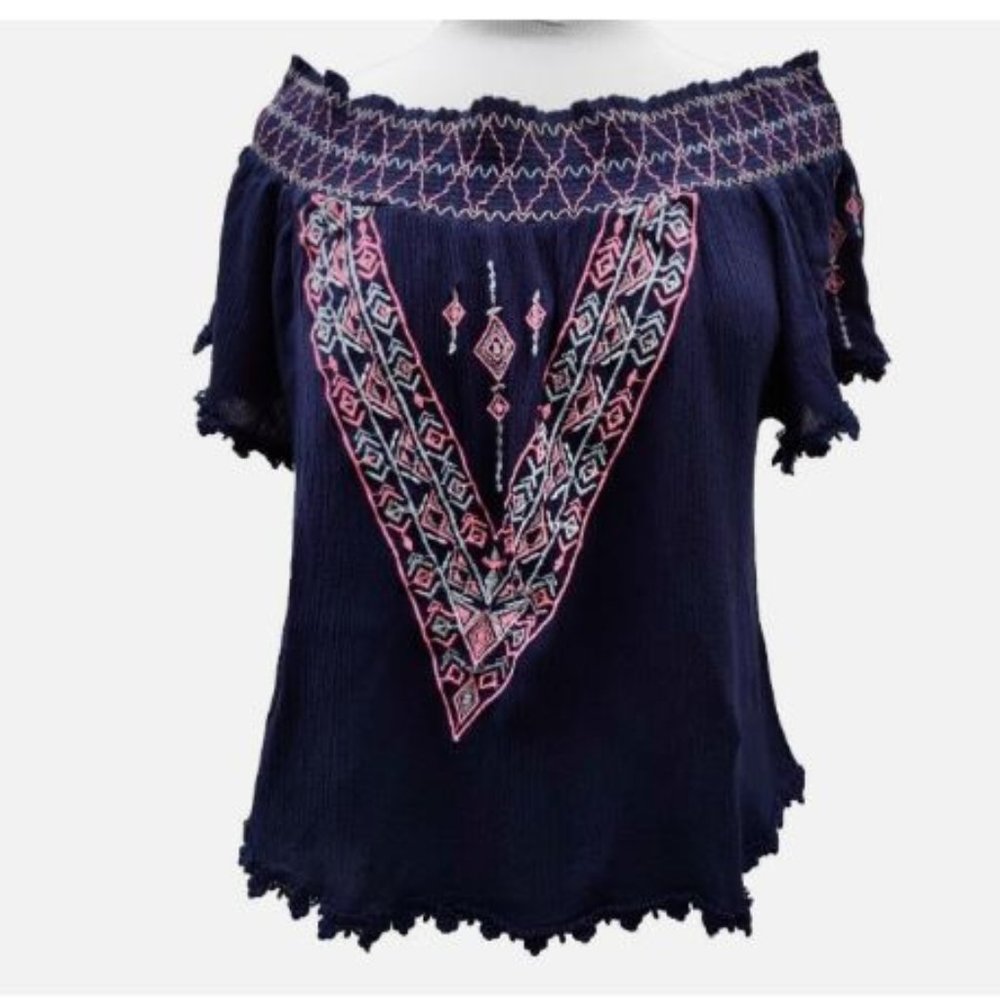 Umgee Top Women's Size Large Off -Shoulder Navy Embroidered Boho Shirt
